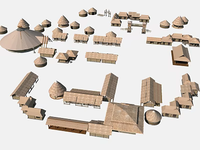 Traditional Thatched Houses Settlement Featuring Various Architectural Structures And Layouts 3d model