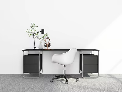 Modern Office Desk With Black Top White Chair Table Lamp Headphones And Green Plant 3d model