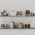 Kitchen Appliances On Shelves Including Coffee Maker Toaster Kettle And Blender