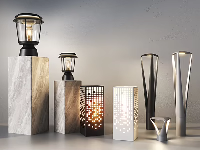 Various Modern and Traditional Outdoor Lights with Marble Bases and Perforated Designs 3d model