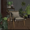 Striped Cushion Leisure Chair With Wooden Armrests In Outdoor Garden With Brick Wall And Plants