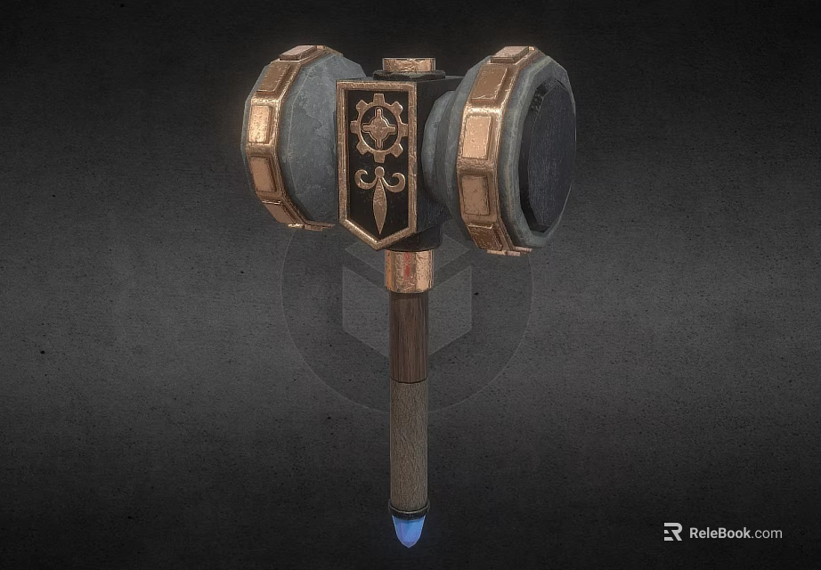Ornate War Hammer With Circular Heads Intricate Design Bronze Accents Wooden Handle And Blue Tip 3d model 