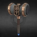 Ornate War Hammer With Circular Heads Intricate Design Bronze Accents Wooden Handle And Blue Tip