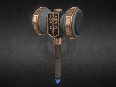 Ornate War Hammer With Circular Heads Intricate Design Bronze Accents Wooden Handle And Blue Tip 3d model