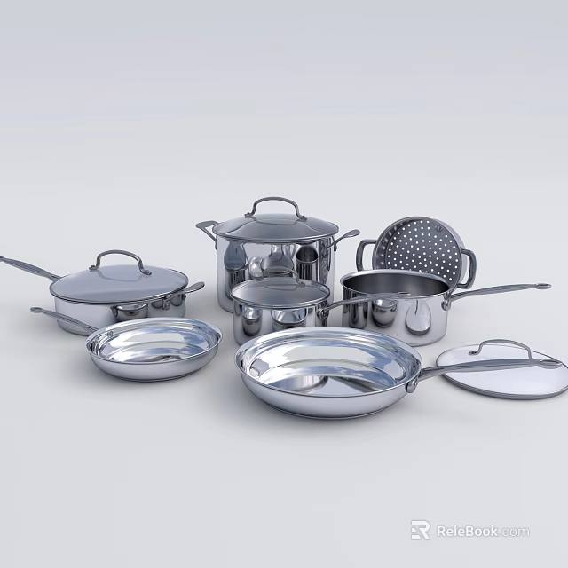 Stainless Steel Cookware Set Including Pots Pans Colander And Lids 3d model