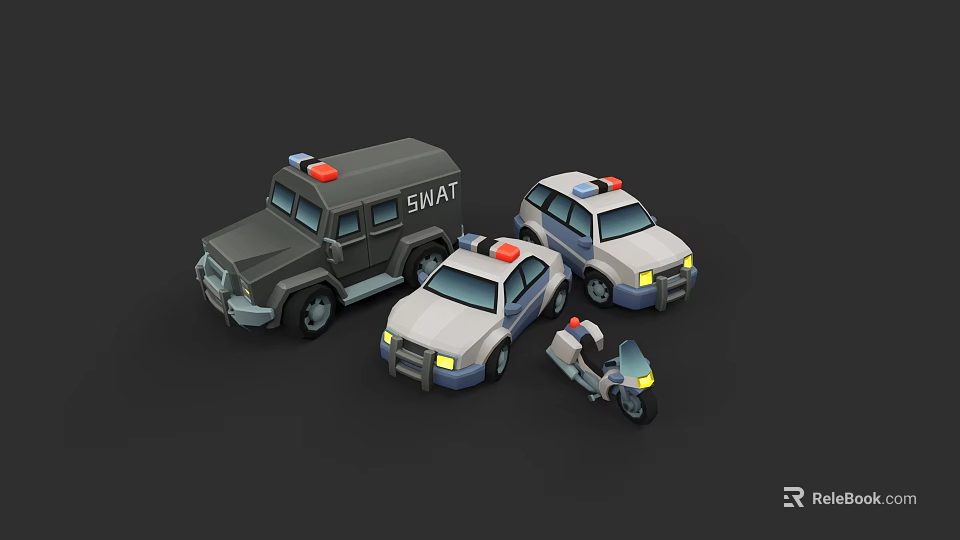 Police Cars SWAT Vehicle and Motorcycle with Emergency Lights on Dark Backdrop 3d model 