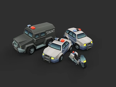 Police Cars SWAT Vehicle and Motorcycle with Emergency Lights on Dark Backdrop 3d model