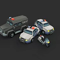 Police Cars SWAT Vehicle and Motorcycle with Emergency Lights on Dark Backdrop