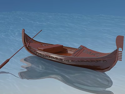 Wooden Gondola Floating on Calm Blue Water With Carved Details and Oar 3d model