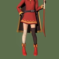 3D Mage Character With Red Outfit Black Hat And Staff Display Three Angles View