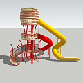 Garden Landscape With Yellow And Red Slide Tower Structure Green Grass Trees And Child