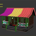 Log Cabin With Blue Corrugated Metal Roof Wooden Porch Railing And Steps