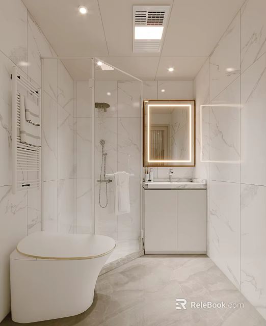 Modern Bathroom Interior With Marble Walls Lit Mirror Shower Area And Vanity 3d model 
