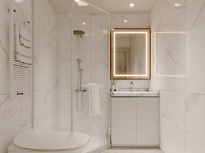 Modern Bathroom Interior With Marble Walls Lit Mirror Shower Area And Vanity 3d model