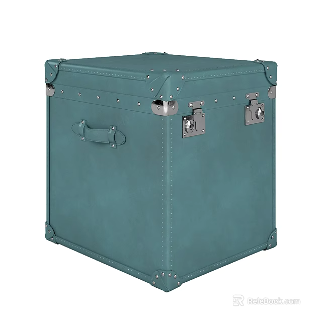 Vintage Teal Square Decorative Cabinet With Leather like Surface Metal Latches And Handle 3d model 