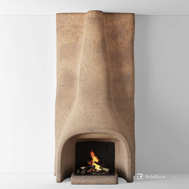 Modern Textured Fireplace Design with Burning Flames and White Wall Background 3d model