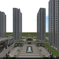 Modern School Building With Colorful Design Green Lawn Pond And Children's Playground Near Tall Buildings