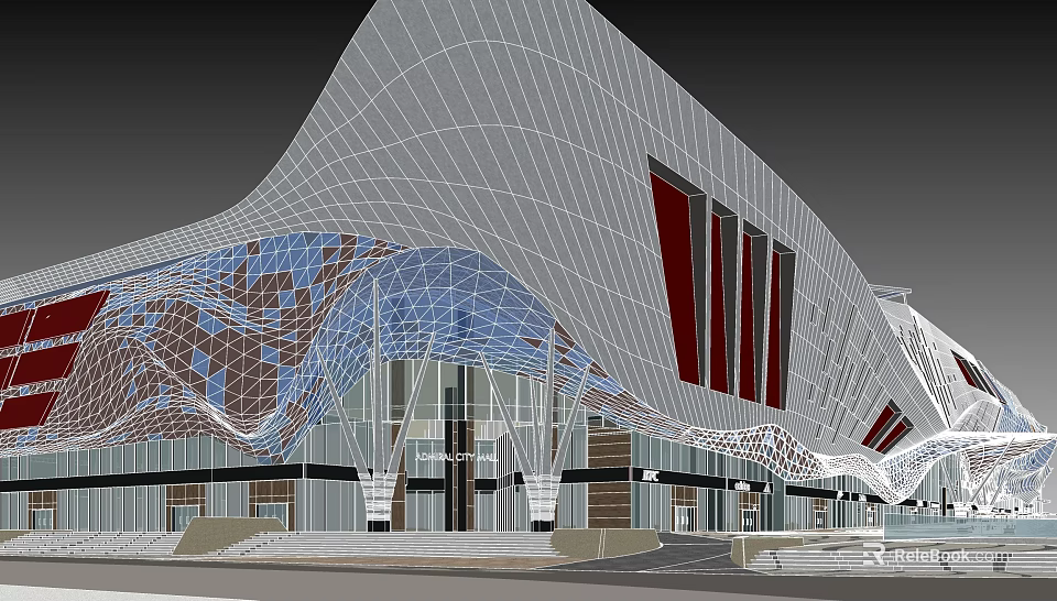 Modern Architectural Exterior With Curved Metal Facade Glass Wall And Red Accents 3d model 
