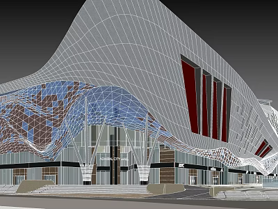 Modern Architectural Exterior With Curved Metal Facade Glass Wall And Red Accents 3d model