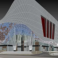 Modern Architectural Exterior With Curved Metal Facade Glass Wall And Red Accents