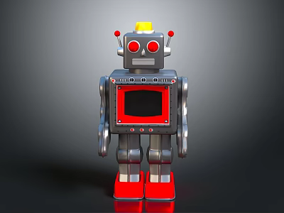 Retro Toy Robot With Yellow Top Red Eyes Black Screen And Red Feet 3d model