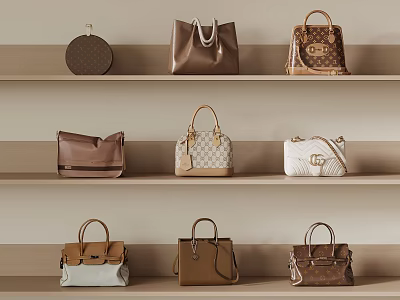 Classic Leather Handbags Collection Display On Shelves With Various Colors And Styles 3d model