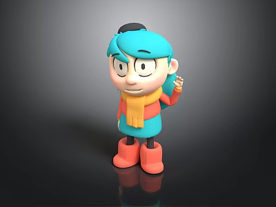Cartoon Character Design With Blue Hair Black Hat Orange Scarf And Waving Hand 3d model