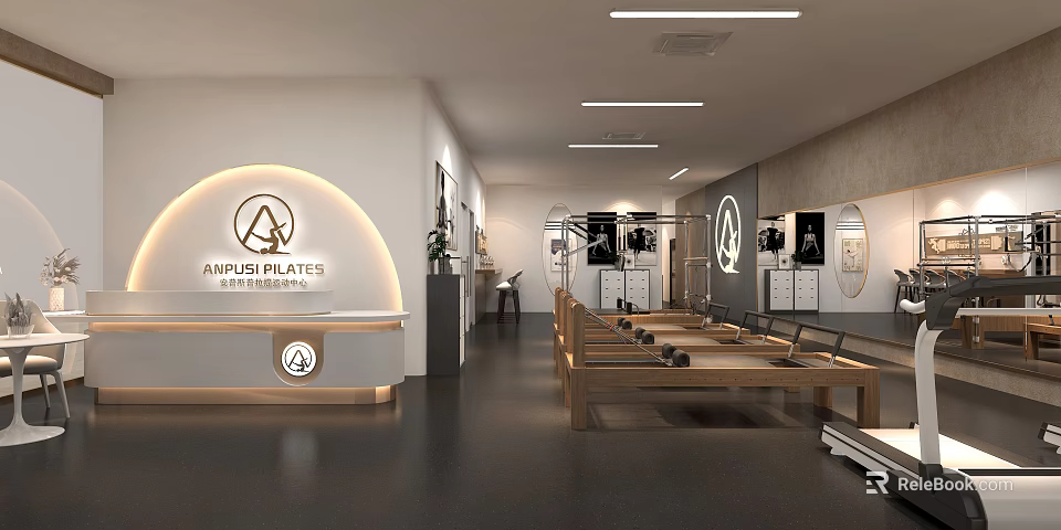 Nirvash Pilates Fitness Studio Modern Interior With Reformer Equipment And Workout Area 3d model 
