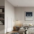 Modern Bedroom Interior Design Featuring Bed Decorative Art Rug Shelf And Workspace 3d model