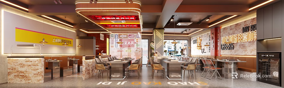 Modern Hotpot Restaurant Open Design With Neon Lights Marble Bar And Glass Windows 3d model 
