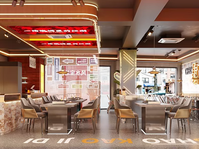 Modern Hotpot Restaurant Open Design With Neon Lights Marble Bar And Glass Windows 3d model