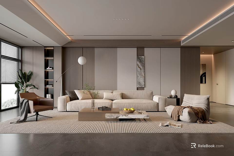 Modern Living Room Interior With Beige Sofa Brown Armchair Coffee Table And Rug 3d model 