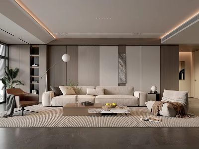Modern Living Room Interior With Beige Sofa Brown Armchair Coffee Table And Rug 3d model