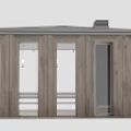 Modern Wooden Cabin With Large Windows Open Interior And Sloped Roof Chimney