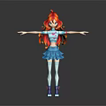 Child 3D Character with Red Long Hair Blue White Striped Top Blue Skirt Arms Outstretched