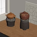 Ceramic Cookware with Lids on Wooden Kitchen Table Near Window Blinds and Geometric Wall Art