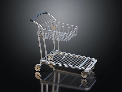 Metal Shopping Cart With Wire Basket And Four Wheels On Reflective Surface 3d model