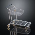 Metal Shopping Cart With Wire Basket And Four Wheels On Reflective Surface