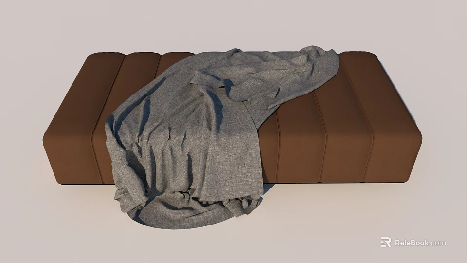 Plush Brown Ottoman With Draped Soft Gray Blanket For Cozy Home 3d model 