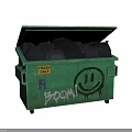 Green Household Trash Bin With Open Lid Black Garbage Bags And Boom Graffiti Smiley Face