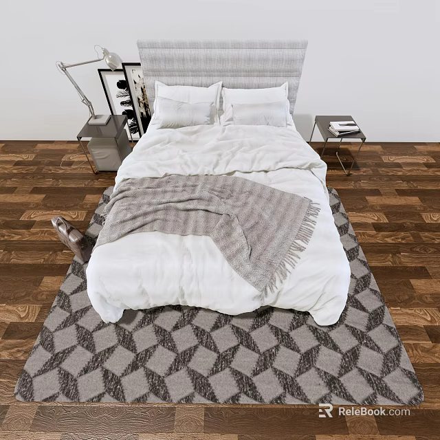 Double Bed With White Sheets Gray Blanket Bedside Tables On Diamond Rug Wooden Floor 3d model 