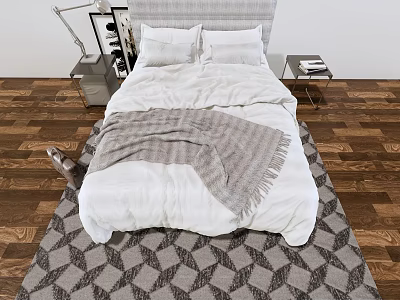Double Bed With White Sheets Gray Blanket Bedside Tables On Diamond Rug Wooden Floor 3d model