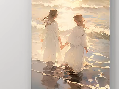 Portrait of Two Girls Holding Hands in White Dresses by Seaside at Sunset with Waves 3d model