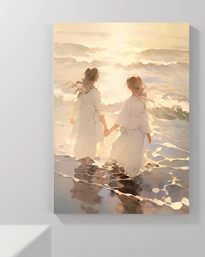 Portrait of Two Girls Holding Hands in White Dresses by Seaside at Sunset with Waves 3d model