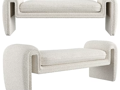Soft Beige Fluffy Upholstered Sofa Bench With Curved Armrests And Modern Design 3d model
