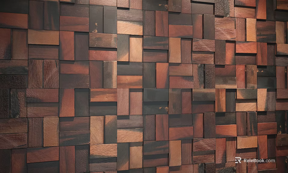 Wooden Patchwork Wall Design With Various Tones Wooden Blocks For Decorative Interior 3d model 