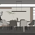 Modern Restaurant Interior With Dining Table Mixed Chairs And Hanging Lights