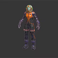 Astronaut In Orange Black Spacesuit With Helmet Standing On Dark Reflective Floor