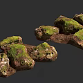 Natural Stone and Wood Decorative Elements with Moss Covered Rocks and Rustic Texture 3d model