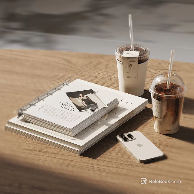 Stylish Desktop Decorative Collection with Notebook Books Coffee Cups and White Phone 3d model 